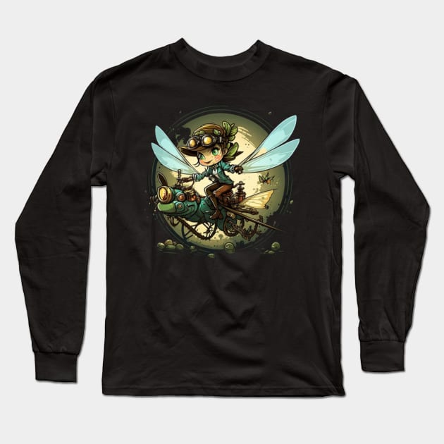 Steampunk Battle Fairy Riding a Dragonfly Long Sleeve T-Shirt by ForbiddenGeek